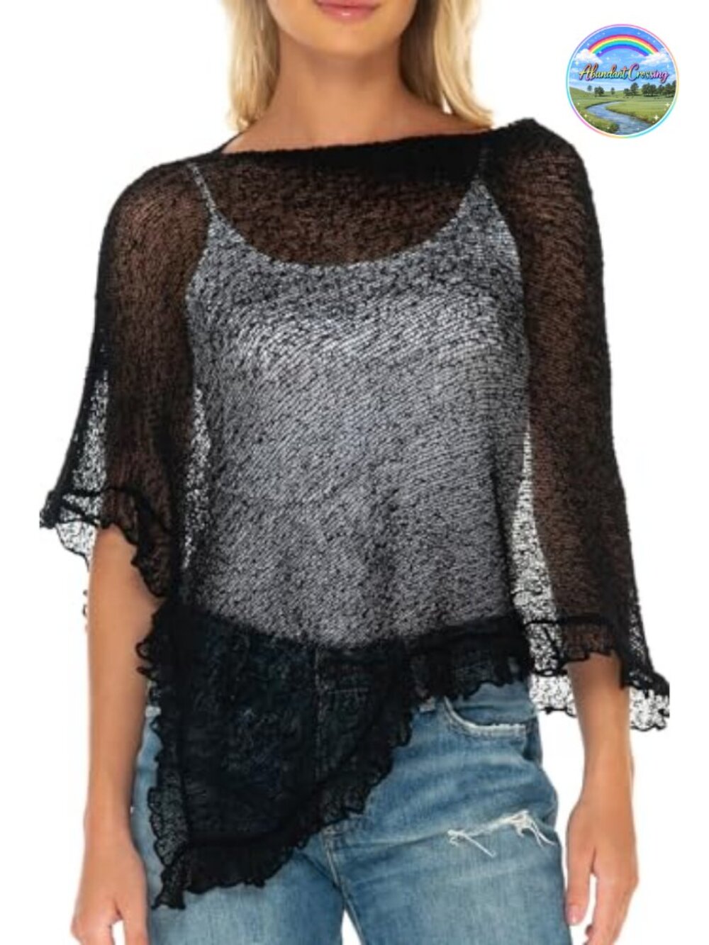 Sheer Knit Ruffle Poncho Shrug Lightweight Cover Up One Size